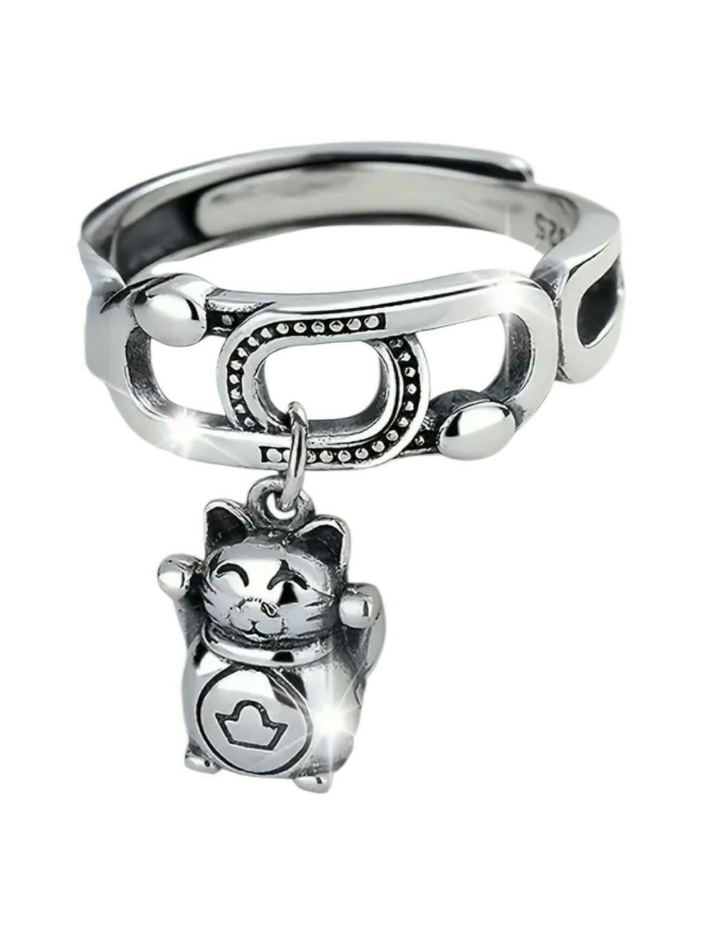 Sterling Silver Lucky Cat Charm Ring - Silver Cat Dangle